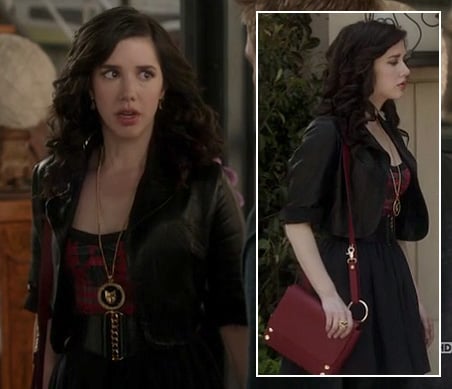 Jane's cropped leather jacket, red dress and bag on Jane by Design