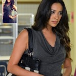 Emily’s grey cowl neck dress and striped bag on Pretty Little Liars