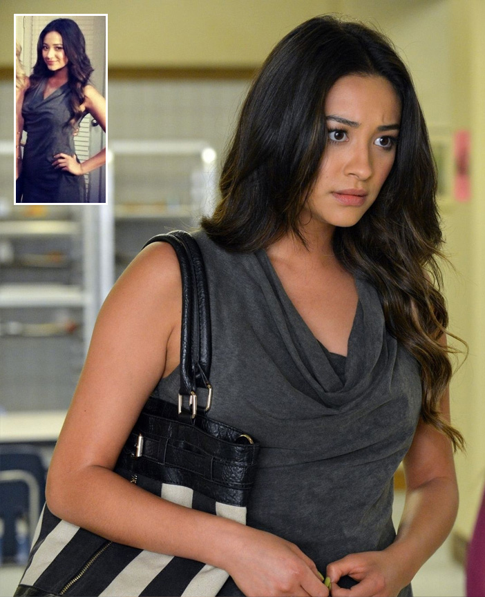 Emily's grey cowl neck dress and striped bag on Pretty Little Liars