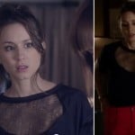 Spencer’s black top with mesh cutout and red jeans on Pretty Little Liars