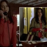 Spencer’s red top, beige coat and brown bag with white and red stripes on Pretty Little Liars