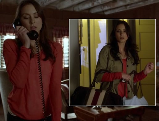 Spencer's red top, beige coat and brown bag with white and red stripes on Pretty Little Liars