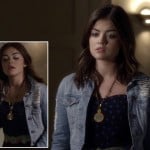 Aria’s polka dot dress and denim jacket on Pretty Little Liars