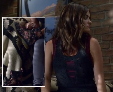 Aria's floral boots worn with knit tank dress and grey tights on Pretty Little Liars