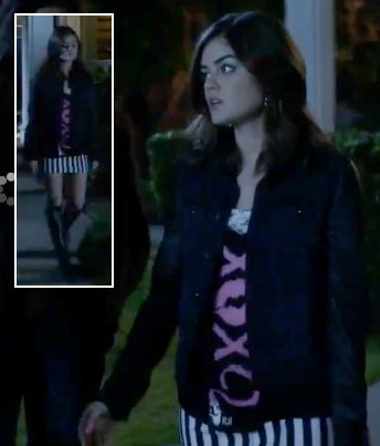 Aria's black and white striped skirt on Pretty Little Liars