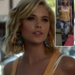 Hanna’s peach tank top, floral jeans and circle earrings on Pretty Little Liars