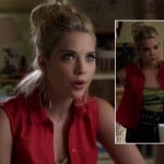 Hanna’s black wide belted skirt and neon top with red open shirt on Pretty Little Liars