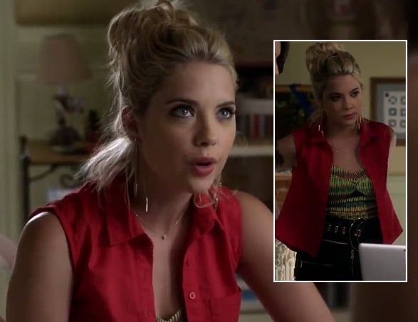 Hanna's black wide belted skirt and neon top with red open shirt on Pretty Little Liars