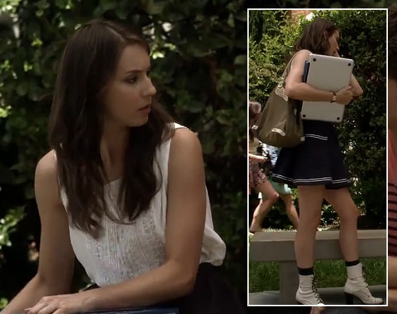 Spencer's black and white striped skirt, white boots and olive green bag on Pretty Little Liars