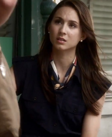 Spencer’s navy blue dress and scarf on Pretty Little Liars