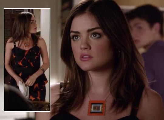 Aria's navy and orange peplum dress with square necklace on Pretty Little Liars