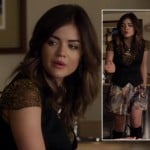 Aria’s yellow paisley top with black vest on Pretty Little Liars