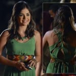 Aria’s green dress with cutout back and spiked necklace on Pretty Little Liars