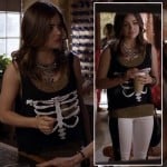 Aria’s skeleton/rib cage shirt with black & white pants on Pretty Little Liars