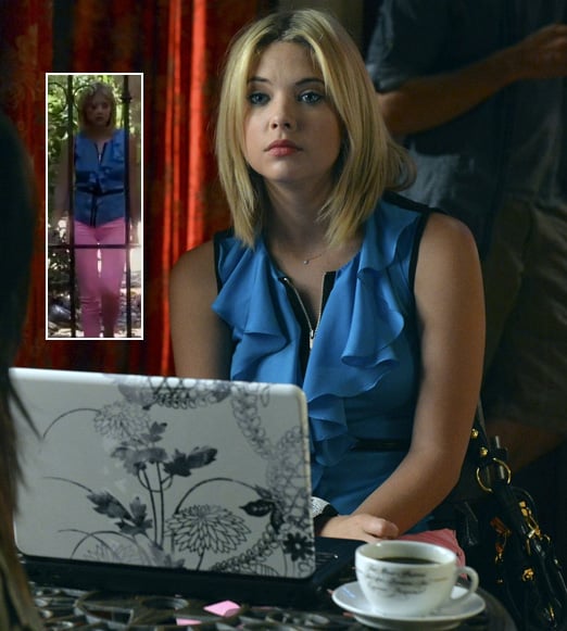 Hanna's blue zip up top and pastel pink jeans on Pretty Little Liars