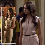 Spencer’s pink striped top with white sleeves on Pretty Little Liars