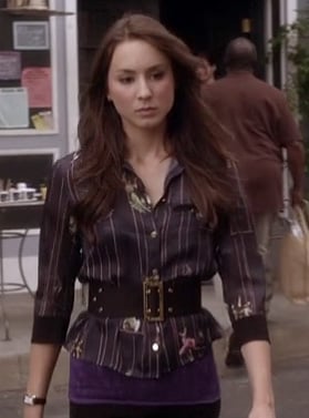 Spencer's navy striped shirt and wide belt on Pretty Little Liars