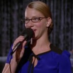 Brittany’s blue top with black shoulders and tie front on Glee