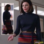 Megan Draper’s striped wrap skirt and navy turtleneck on Mad Men