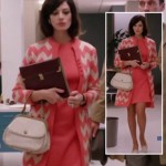 Megan’s coral chevron striped coat and white bag on Mad Men