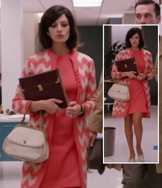 Megan's coral chevron striped coat and white bag on Mad Men