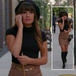 Rachel’s taupe skirt with gold chain and black beret on Glee