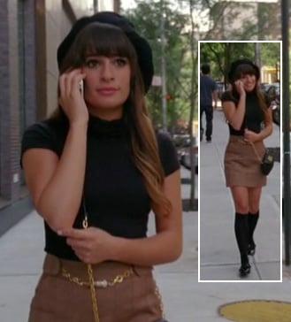 Rachel's taupe skirt with gold chain and black beret on Glee