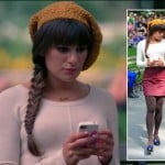 Rachel’s yellow knit beanie, red skirt and brown tights on Glee