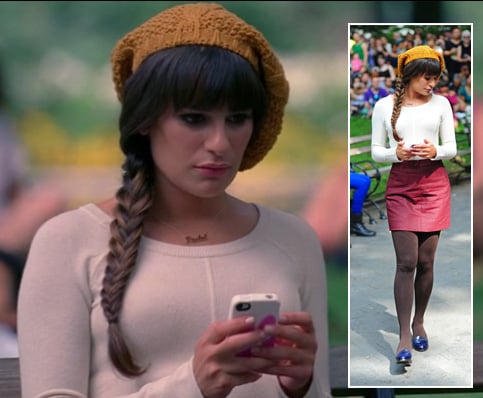 Rachel's yellow knit beanie, red skirt and brown tights on Glee