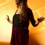 Rachel’s red skirt and bow pocket cardigan on Glee