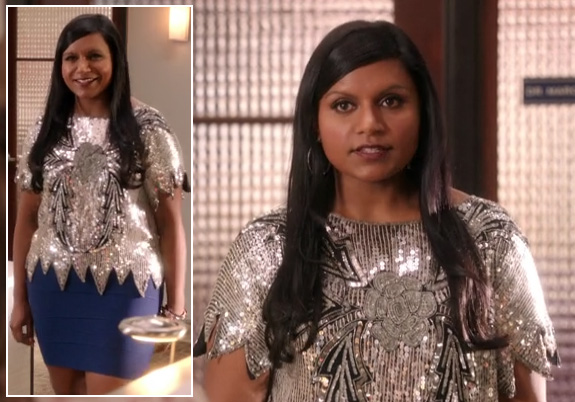 Mindy's silver sequin top and blue skirt on The Mindy Project