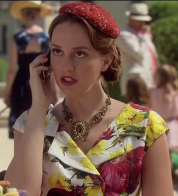 Blair's red onion print dress and lace hat on Gossip Girl