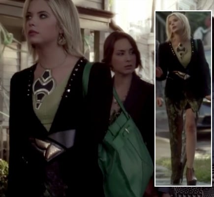 Hanna's studded blazer, green skirt and bag with statement necklace