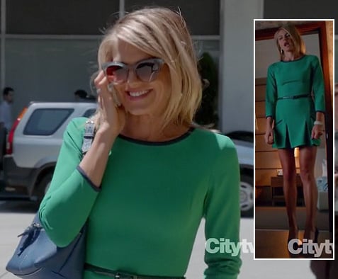 Jane's green dress with navy trim on Happy Endings season 3