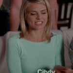 Jane’s mint green top with buttons on the shoulder on Happy Endings