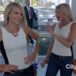Jane’s white top with black strip and tan purse on Happy Endings season 3