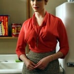 Joan’s red wrap blouse and pencil skirt on Mad Men