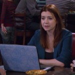 Lily’s teal blue blazer and blue floral laptop cover on How I Met Your Mother