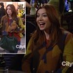 Lily’s yellow and brown jacket with green bag on How I Met Your Mother
