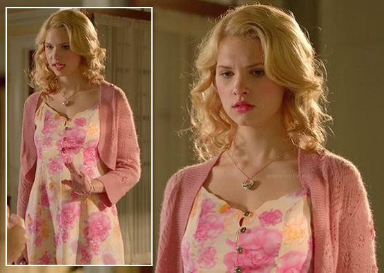 Magnolia's pink and yellow floral dress with pink cardigan on Hart of Dixie