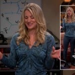 Penny’s blue top with green damask pattern and black boots on The Big Bang Theory