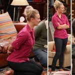 Penny’s pink button front shirt, black jeans and pink flats on The Big Bang Theory