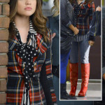 Aria’s black and white striped shirt with polka dot bow, plaid blazer and red boots on Pretty Little Liars