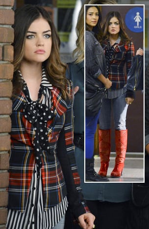 Aria’s black and white striped shirt with polka dot bow, plaid blazer and red boots on Pretty Little Liars