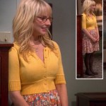 Bernadette’s orange floral dress, yellow cardigan and brown tights on The Big Bang Theory