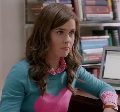 Betsey's blue and pink heart sweater on The Mindy Project