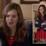 Betsey’s red striped dress and embroidered cardigan on The Mindy Project