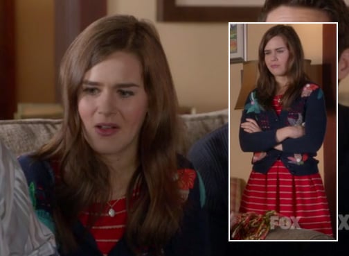 Betsey's red striped dress and embroidered cardigan on The Mindy Project