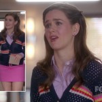 Betsey’s blue striped cardigan and pink mini skirt on The Mindy Project