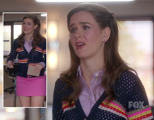 Betsey's blue striped cardigan and pink mini skirt on The Mindy Project
